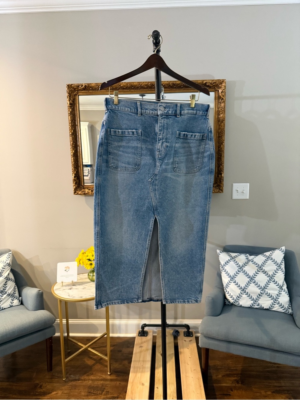 Scotch & Soda Light Blue Denim Midi Skirt with Front Slit